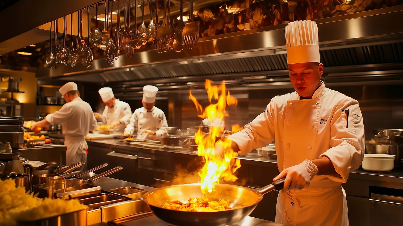 Reinhardt koch - Kochkurse und Gastronomie-Service - Ein Koch kocht in einer Restaurantküche mit Feuer in einem Wok.