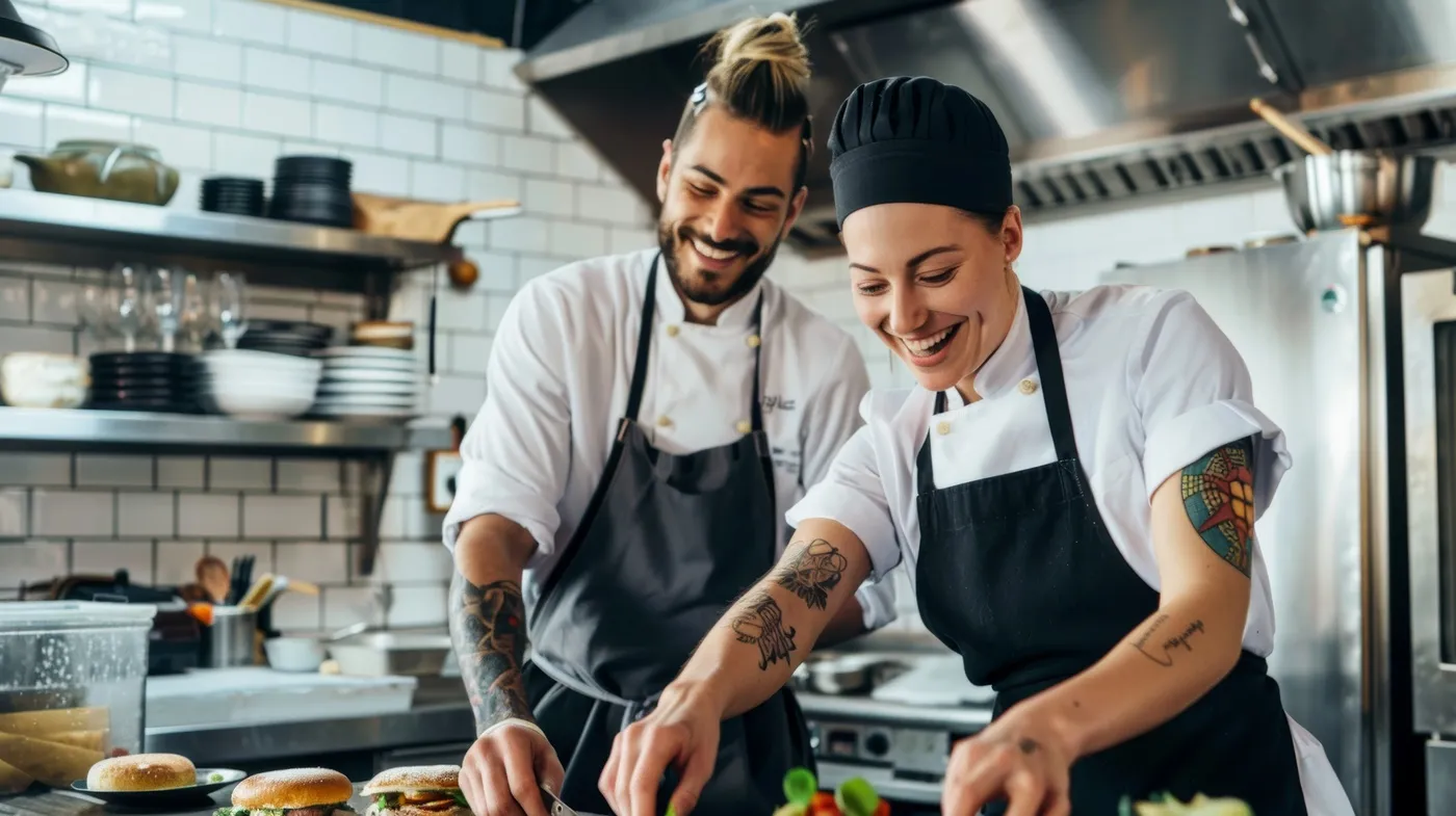 Reinhardt koch - Kochkurse und Gastronomie-Service - Glückliche Köche arbeiten gemeinsam in der Küche eines gehobenen Restaurants.