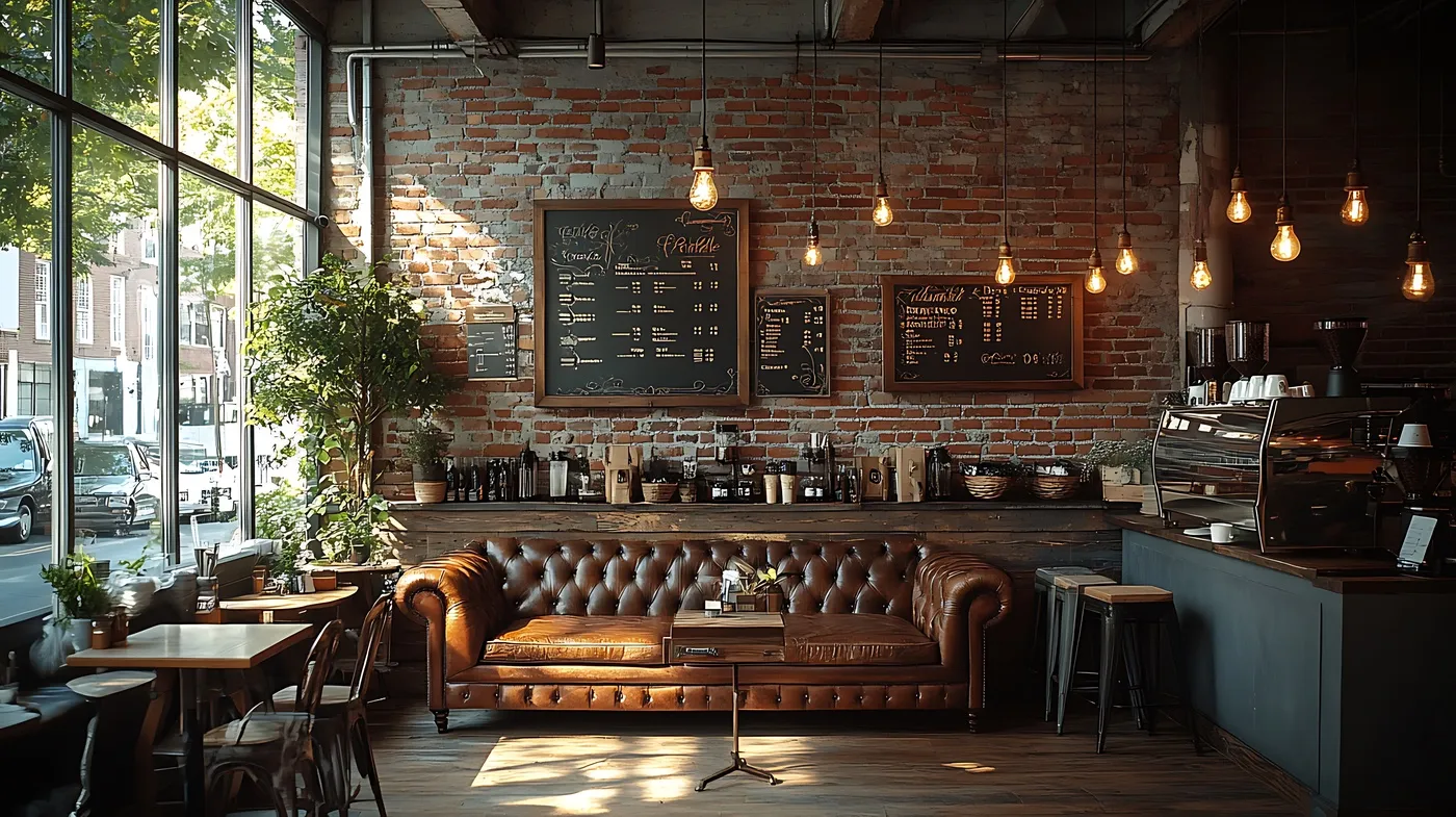 Reinhardt koch - Kochkurse und Gastronomie-Service - Rustikales Café-Interieur mit Vintage-Holzmöbeln, Backsteinwänden, hängenden Edison-Glühbirnen und Ledersofas. Gemütlich.